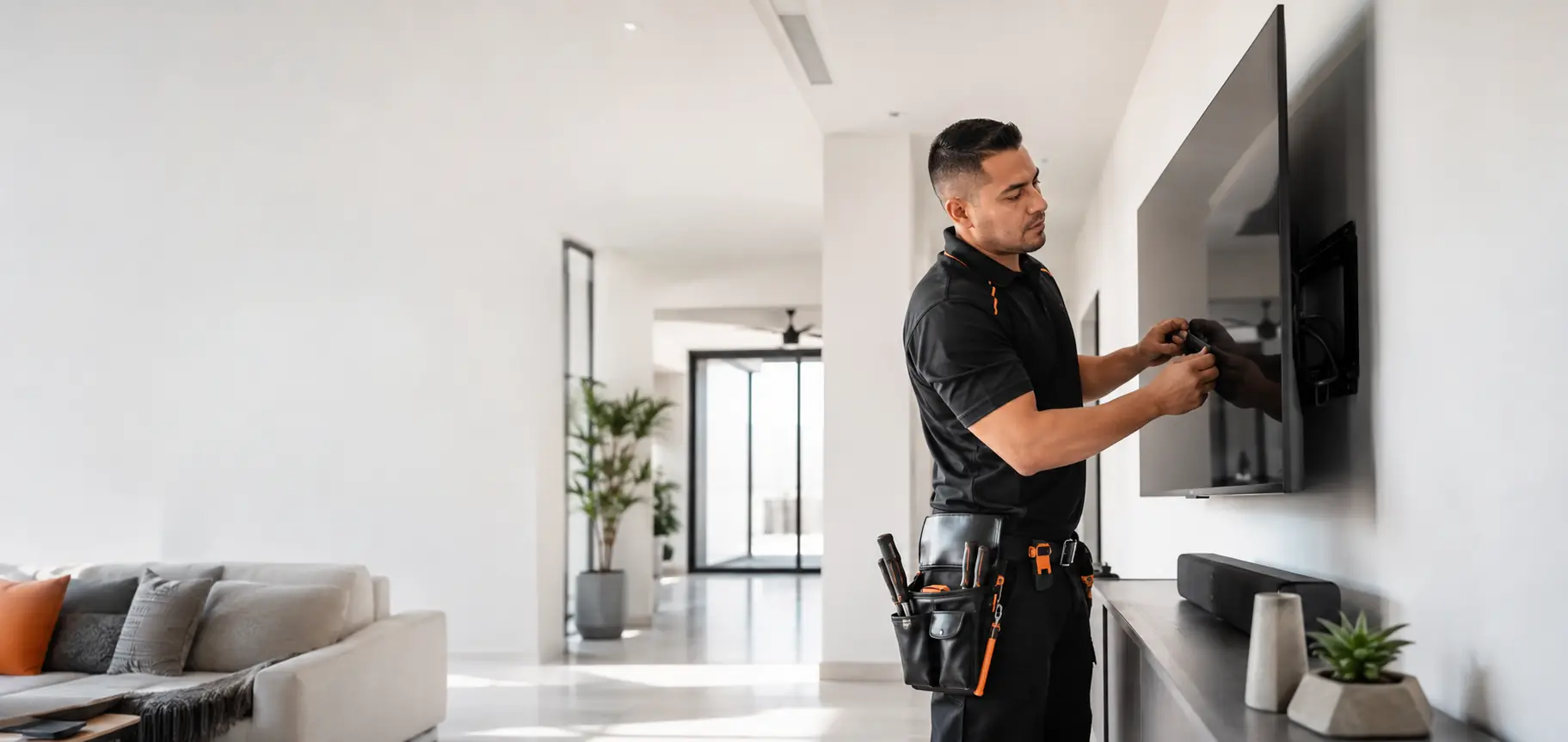 Técnico profesional instalando una televisión en un hogar